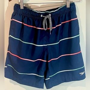 Men’s Small Speedo Lined Navy Stripe Swim Trunks